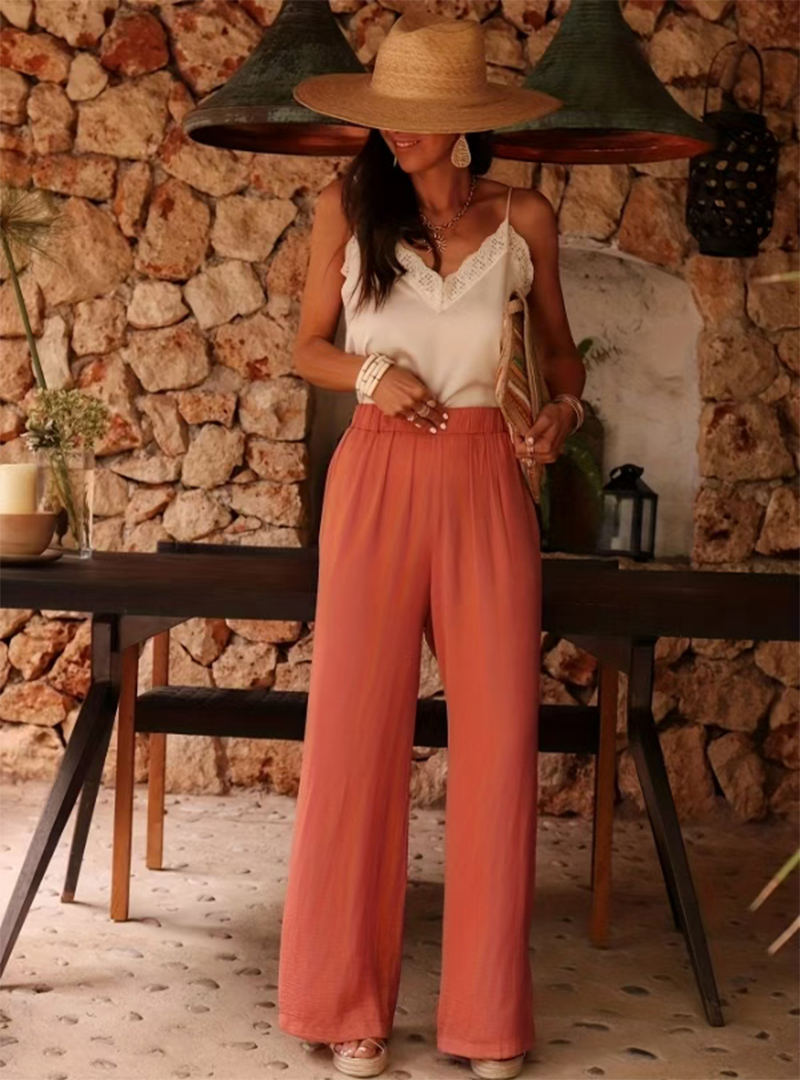 Palazzo Pant Wide - Damesbroek met hoge taille, paperbag-taille, textuur,