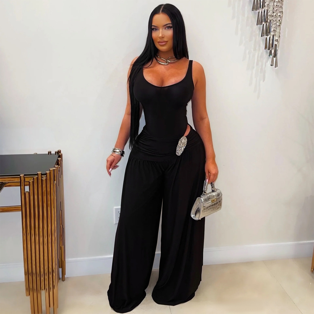 Palazzo Pant Wide - Elegante sexy bodysuit en geplooide broek